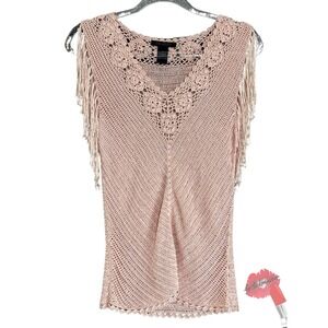 Vintage The Limited Top Women Small Hand Knit Crochet Blush Pink Fringe BOHO Y2K